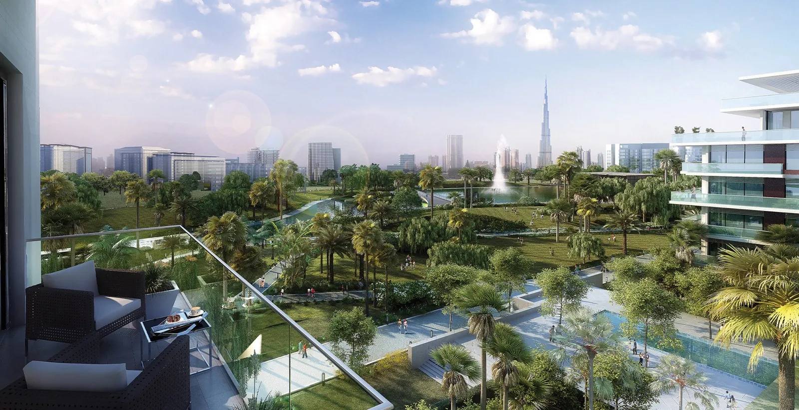 Вид с балкона дома Mulberry на парк и Burj Khalifa