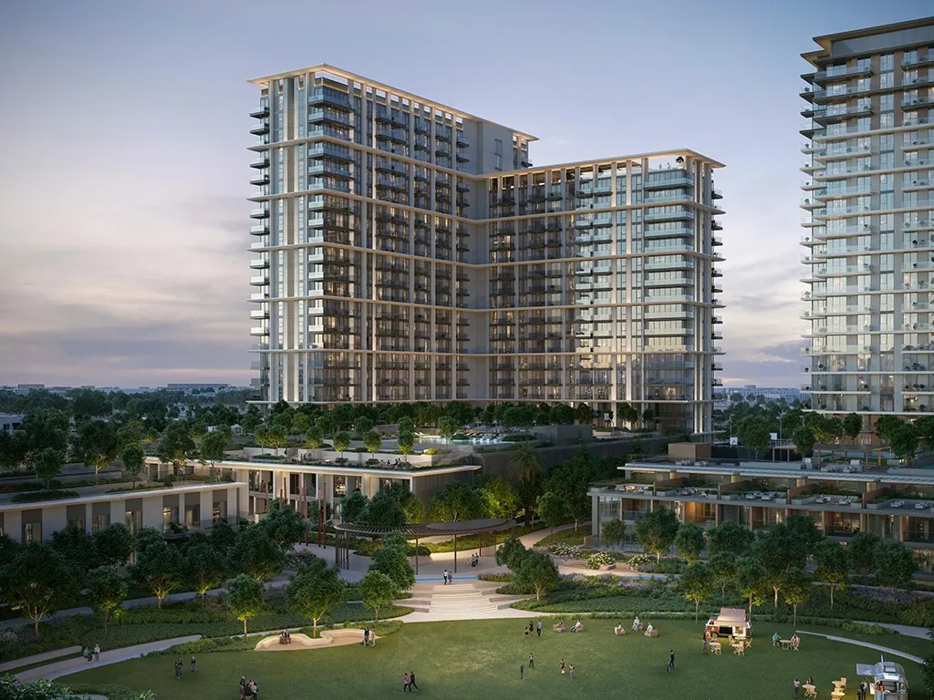 Жилая башня Palace Residences Hillside и лужайка парка перед ней