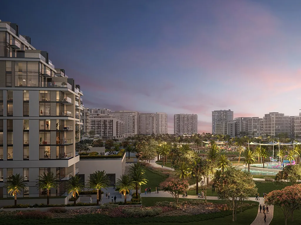 Корпус Parkside Views Residence и парк вечером