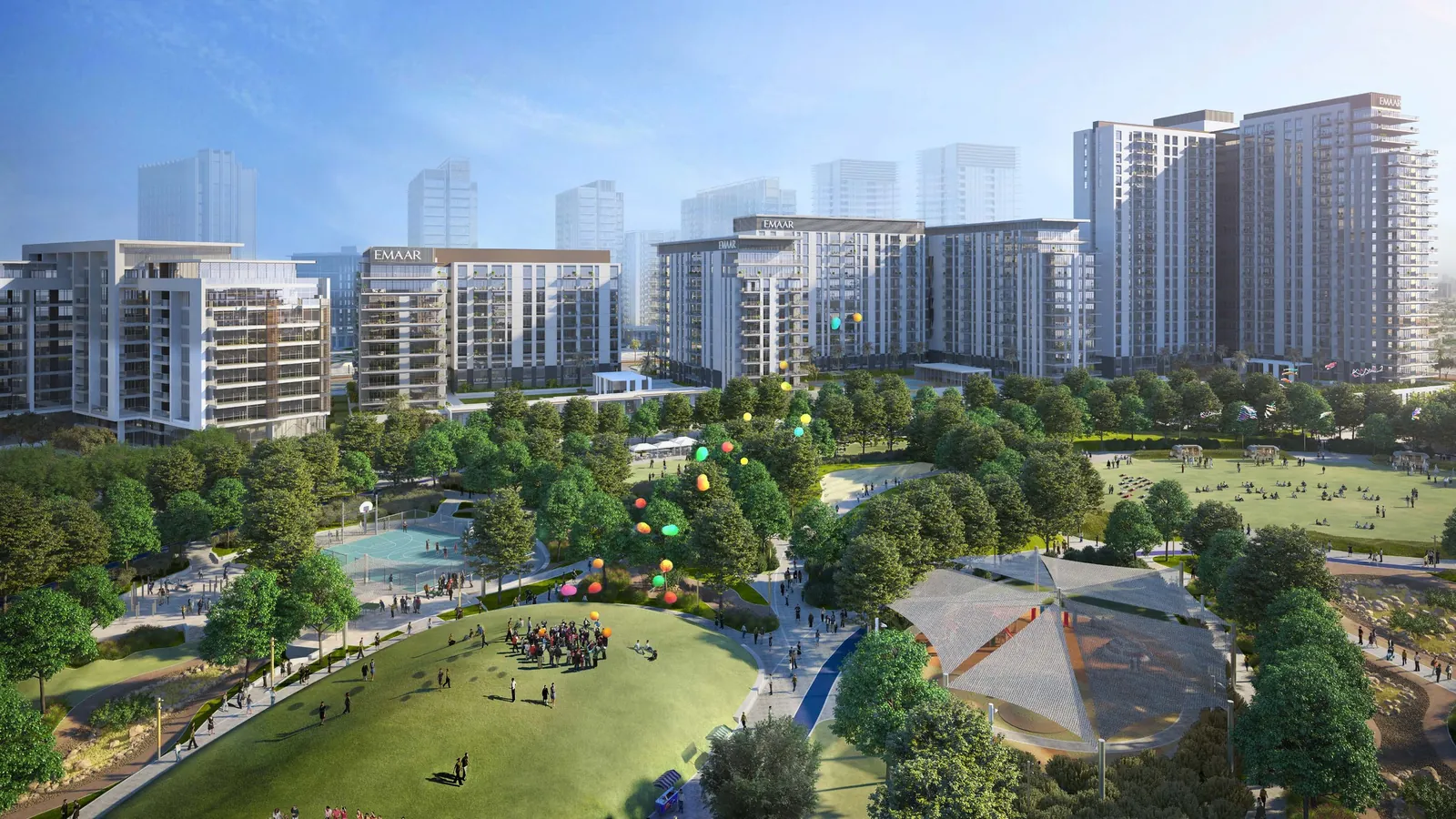 Dubai Hills Park und die mittelgroßen Wohngebäude ringsum, Luftaufnahme