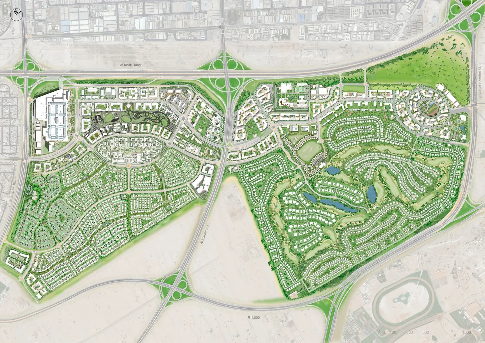 Masterplan von Dubai Hills Estate mit den Anschlussstellen der umliegenden Hauptstraßen