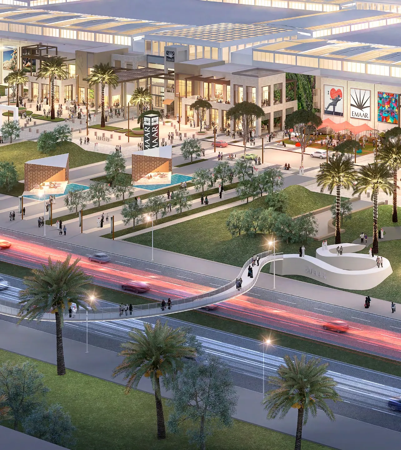 Dubai Hills Mall und eine Fußgängerbrücke über die Straße