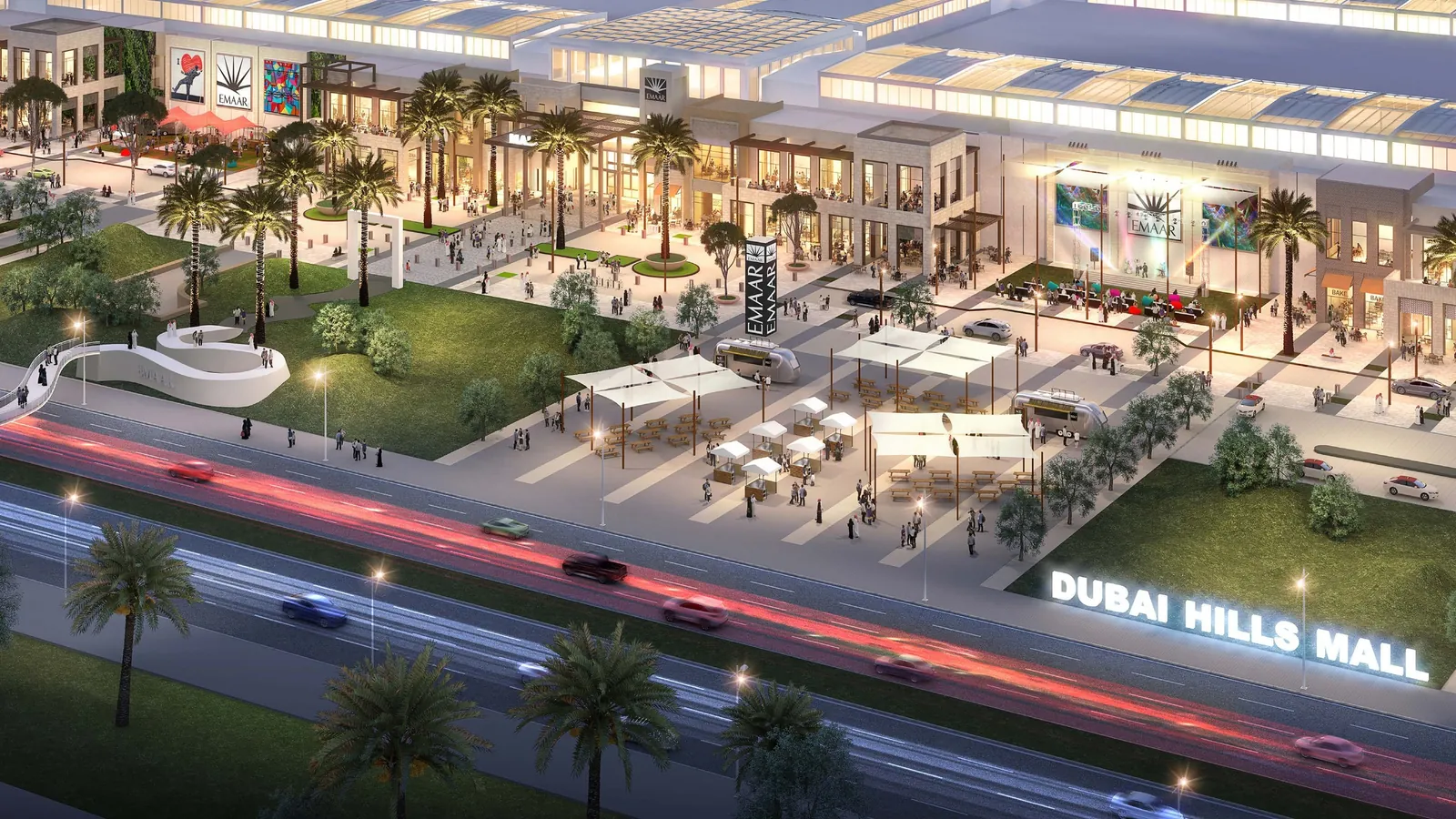 Dubai Hills Mall am Abend, Beschilderung und Platz am Eingang