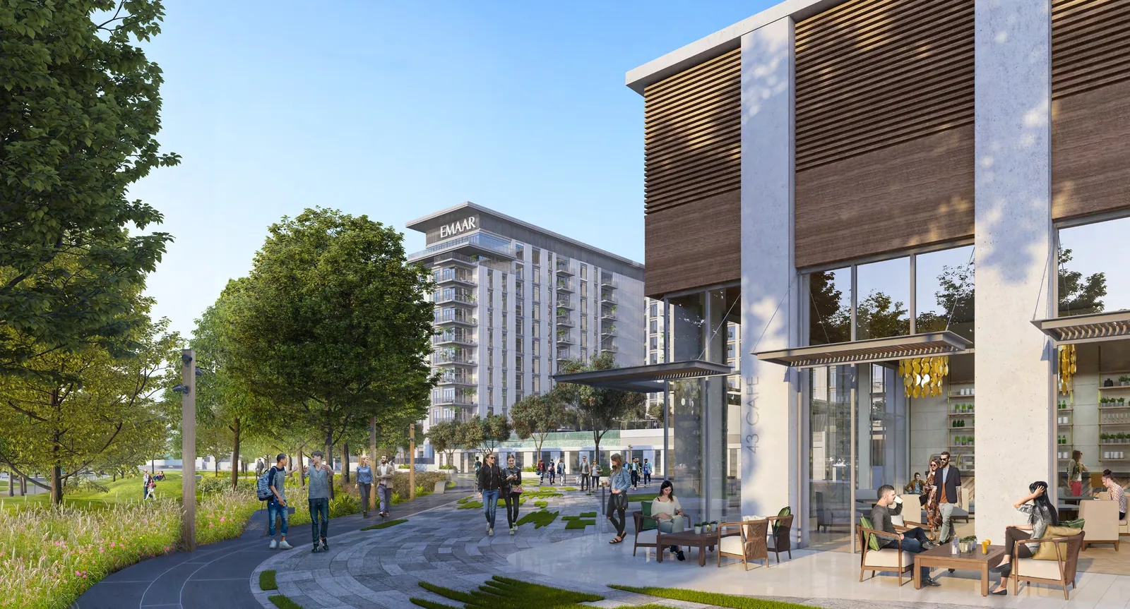 Café mit Terrasse im Erdgeschoss eines Hauses am Parkweg